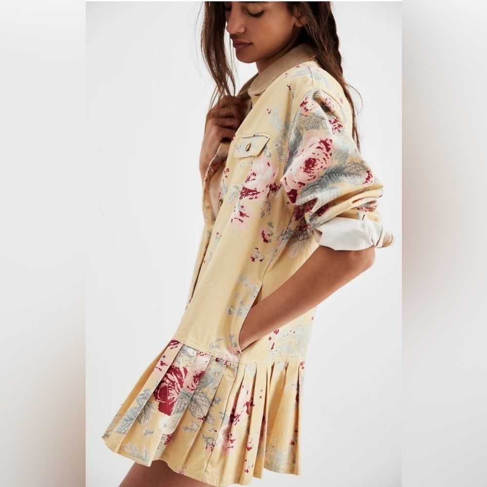 NWOT Free People Connor Yellow Floral Mini Shirt Dress - Picture 2 of 10